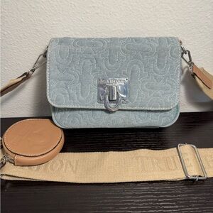 True Religion Blue and Tan Crossbody Bag with Embossed Texture